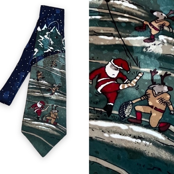 Vintage Christmas Tie Santa Kicking Football Reindeer Celebrations Hallmark Silk - Picture 1 of 9